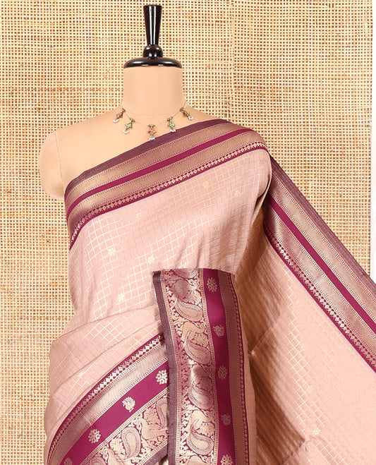 Beige Litchi Saree Features Buttas and Checks, Contrast Traditional Peacock Border, Intricate Pallu, and a Contrast Blouse