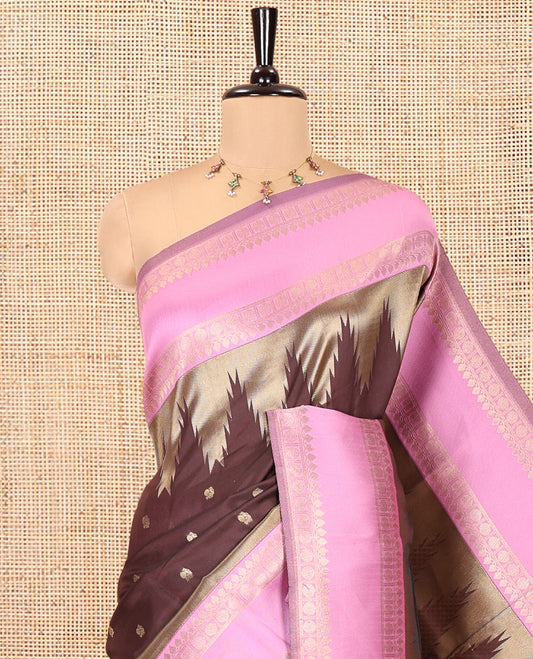 Coffee Brown Litchi Saree, Bedecked with Peacock Buttas , Contrast Temple Traditional Rettai Pettu Border, Pallu of Traditional , and Contrast Blouse