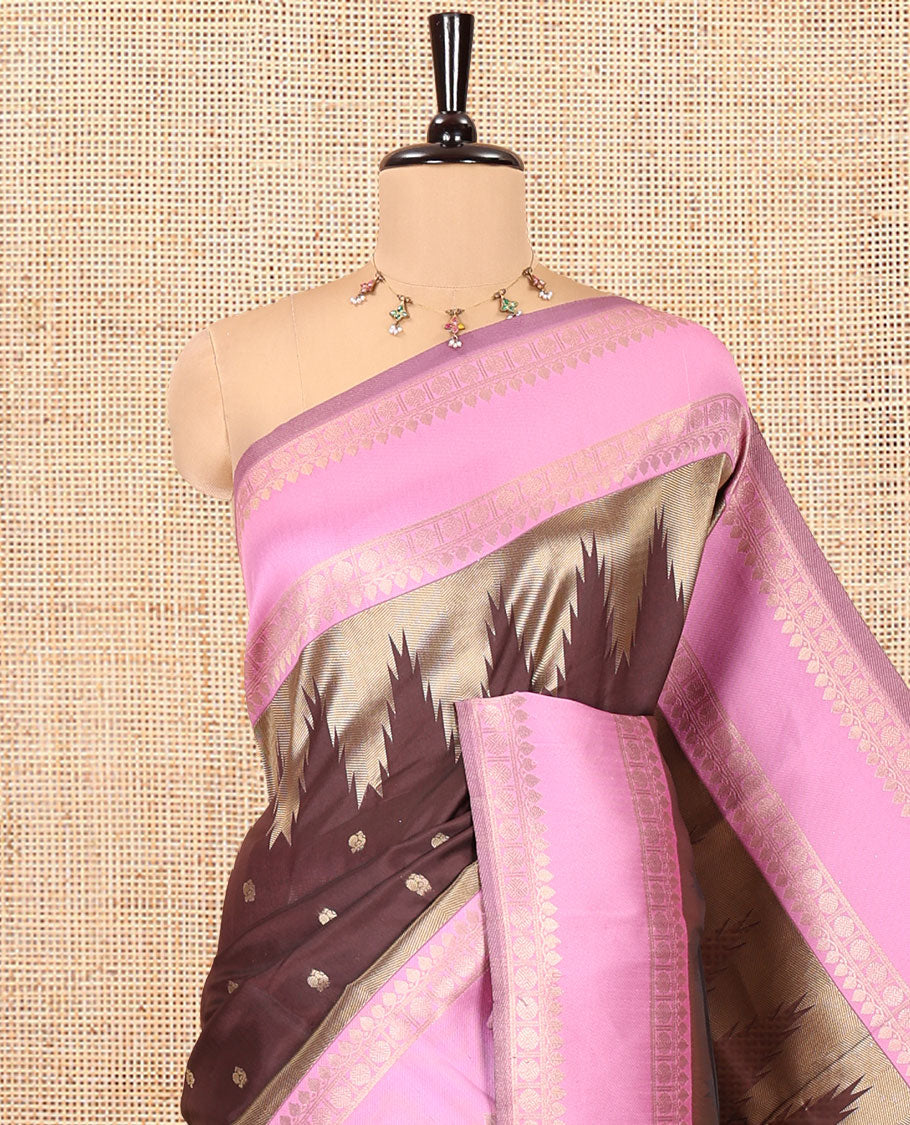 Coffee Brown Litchi Saree, Bedecked with Peacock Buttas , Contrast Temple Traditional Rettai Pettu Border, Pallu of Traditional , and Contrast Blouse