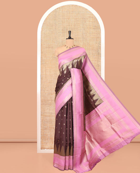 Coffee Brown Litchi Saree, Bedecked with Peacock Buttas , Contrast Temple Traditional Rettai Pettu Border, Pallu of Traditional , and Contrast Blouse