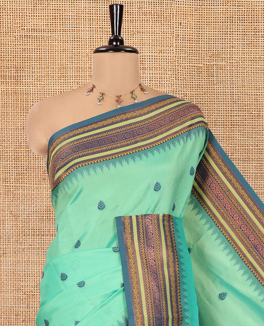 Sea Green Litchi Chettinad Saree, Subtly Woven with Thread Leaf Buttas, Contrast Traditional Border, and a Contrast Blouse
