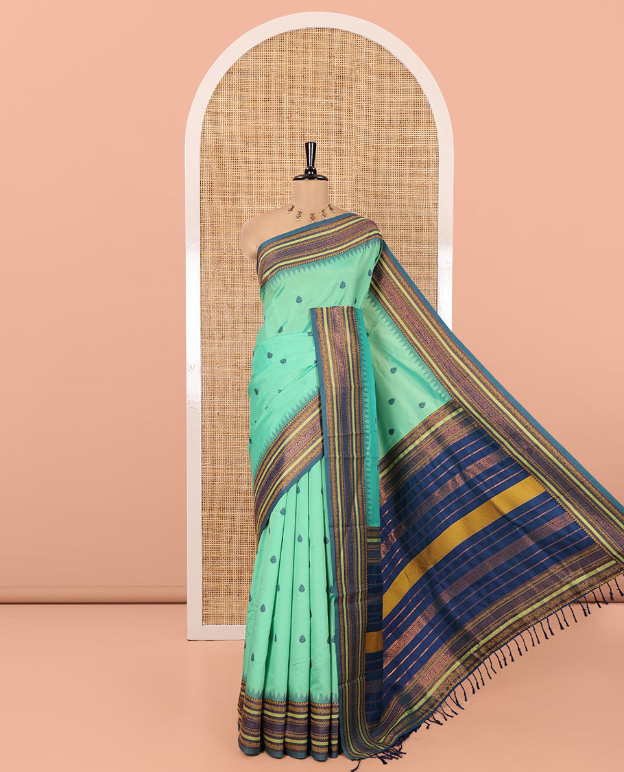 Sea Green Litchi Chettinad Saree, Subtly Woven with Thread Leaf Buttas, Contrast Traditional Border, and a Contrast Blouse