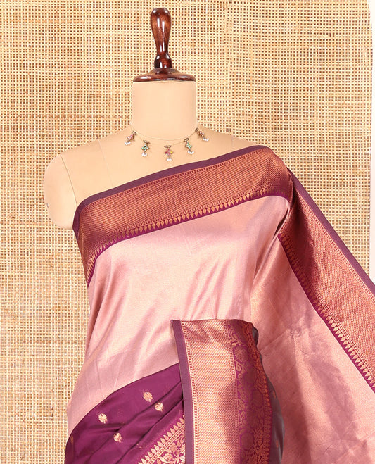 Purple Litchi Saree, Elevated with Half-And-Half and Zari Buttas, Contrast Traditional Zari Border, Grand Pallu, and a Contrast Blouse
