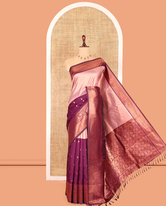 Purple Litchi Saree, Elevated with Half-And-Half and Zari Buttas, Contrast Traditional Zari Border, Grand Pallu, and a Contrast Blouse