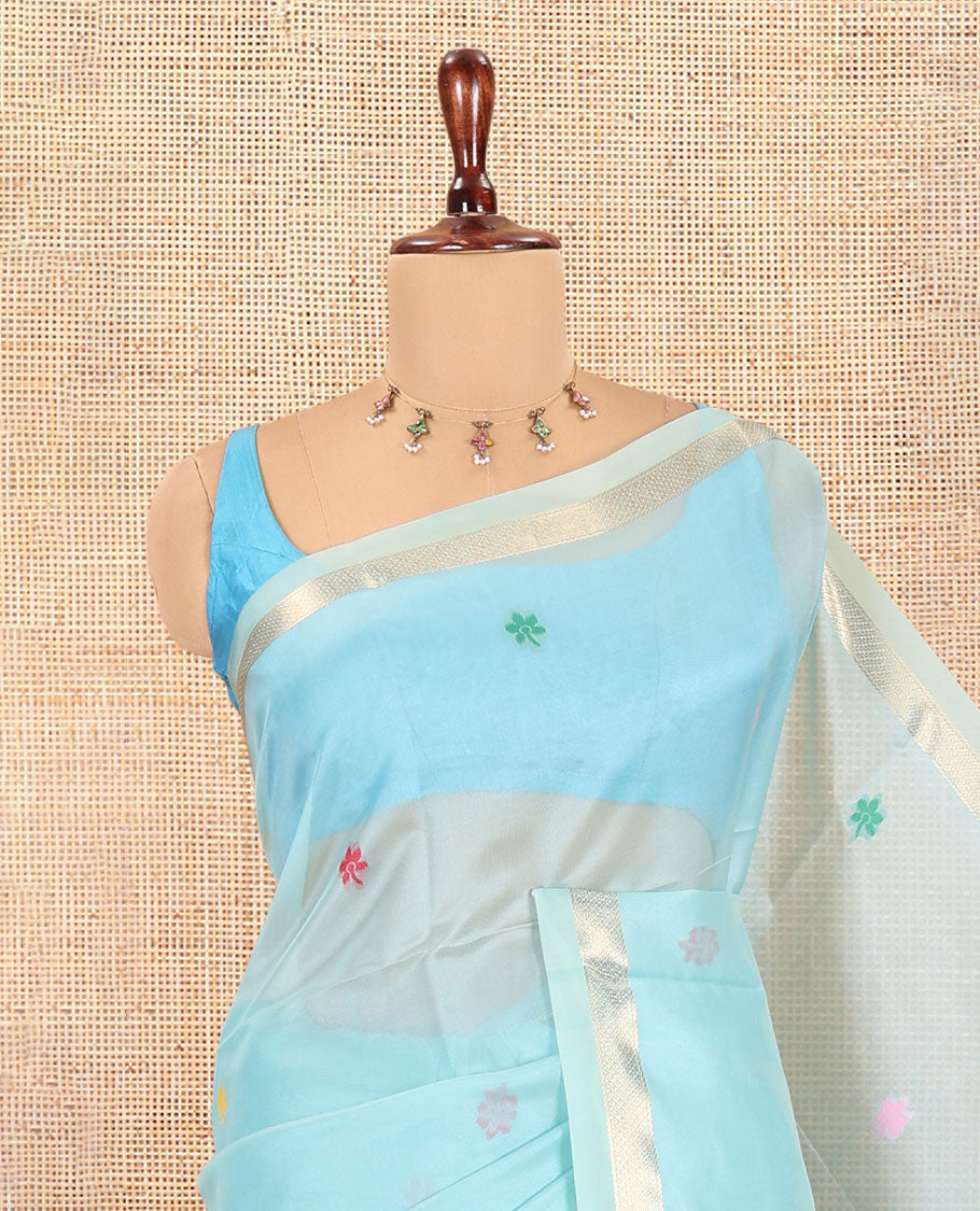 Sky Blue Meena Buttas Fancy Organza Silk Saree, a Zari Border, Paithani Floral-Macaw Pallu, Matching Blouse
