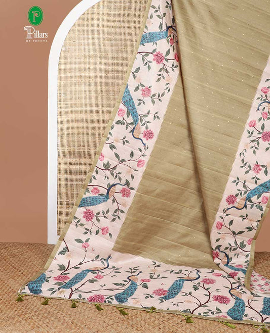 Mustard zari butta fancy tussar saree with peacock digital floral design border & digital print pallu along with floral print blouse