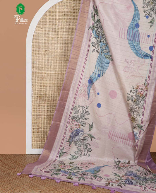 lavender digital print, kadi print tussar silk saree with bhavanji border & floral printed pallu along with plain blouse