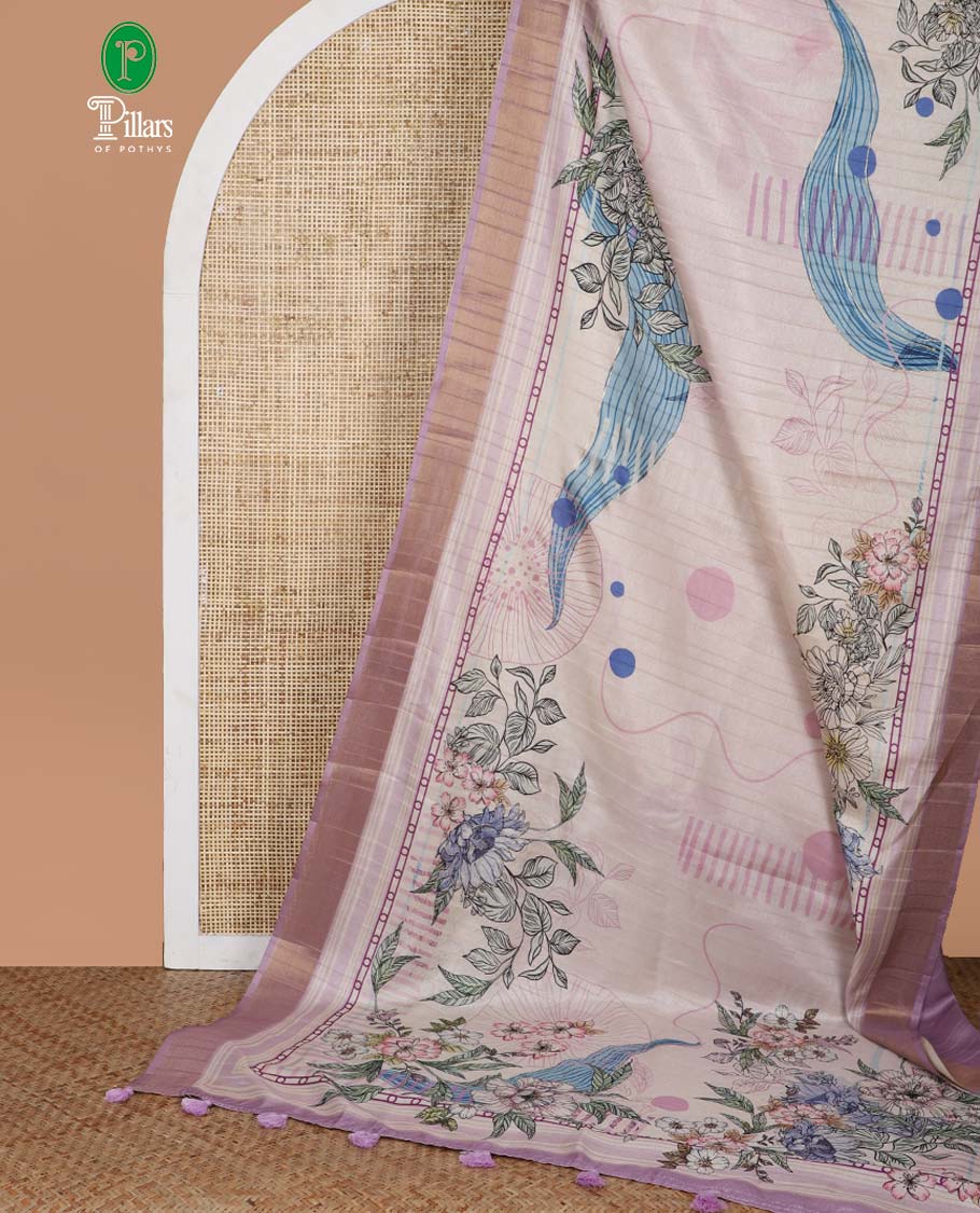lavender digital print, kadi print tussar silk saree with bhavanji border & floral printed pallu along with plain blouse