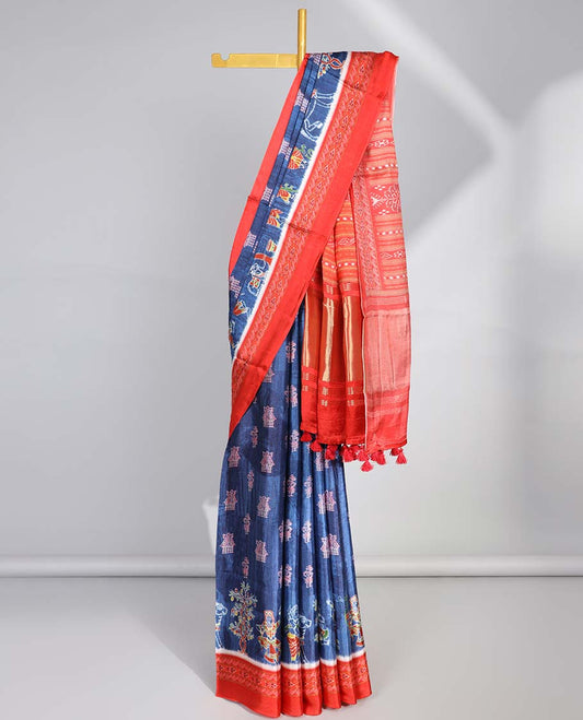 Blue motifs  semi-banaras printed saree with contrast pichwai border & geometric,floral design pallu