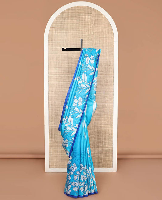 Sky blue floral, geometric design printed silk saree with contrast border