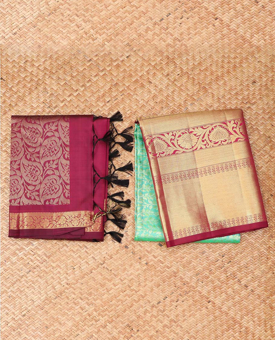 Green floral jacquard pure half silk saree with contrast zari border,  contrast zari design blouse & plain with zari border dhavani
