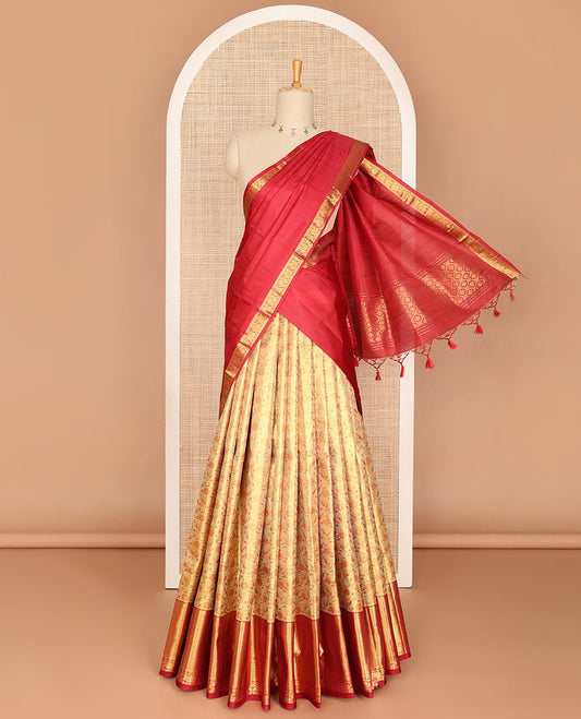 Gold pure-silk half saree, floral jacquard skirt, contrast zari border & blouse of jaal designs & zari-rich jaal dhavani