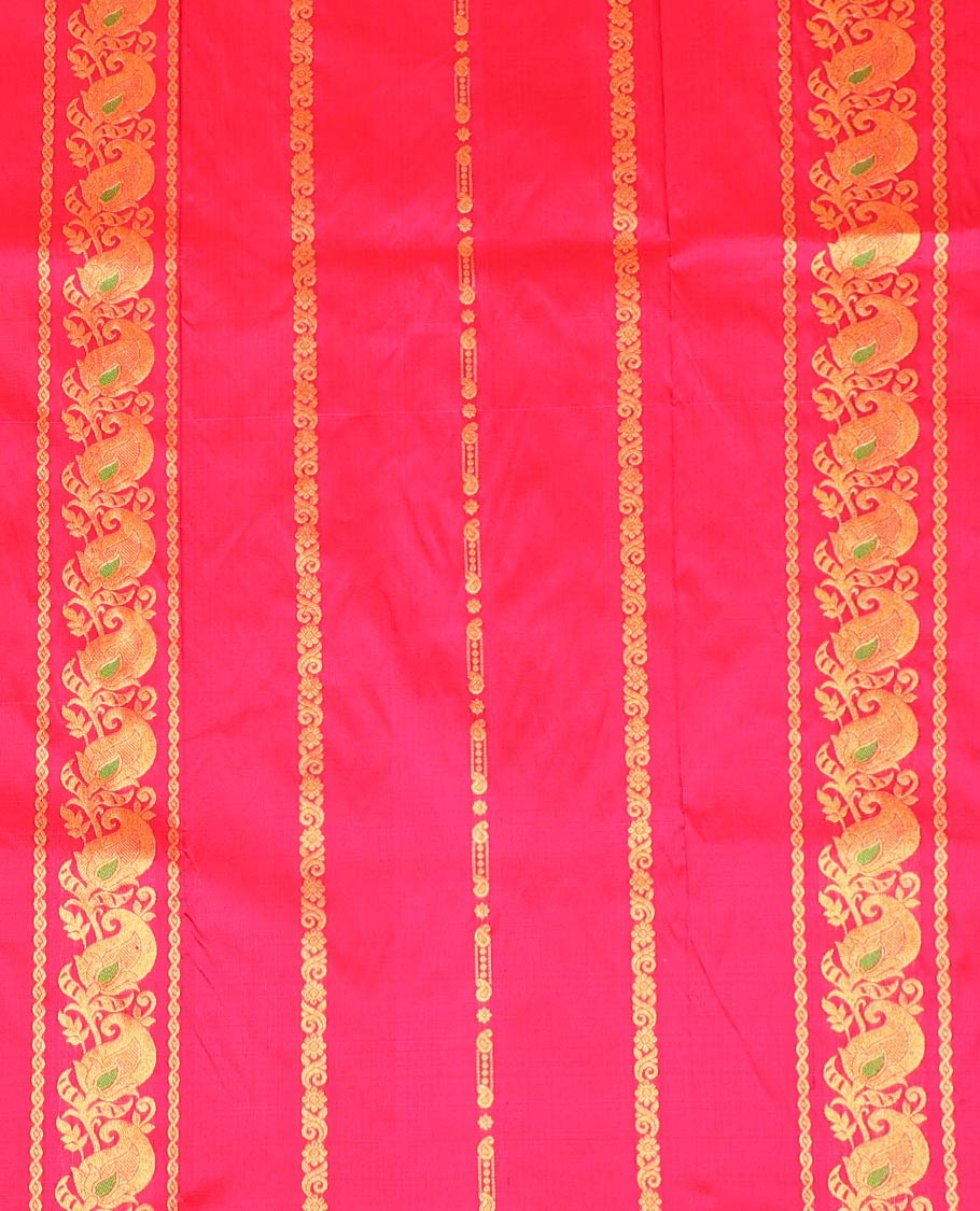 Pink Pure Silk Half-Saree Embellished with Manga Designs on Its Skirt, Complemented by a Contrast Border Zari Designs, Comes with a Contrast Blouse and a Dhavani of Mang and Leaf Designs