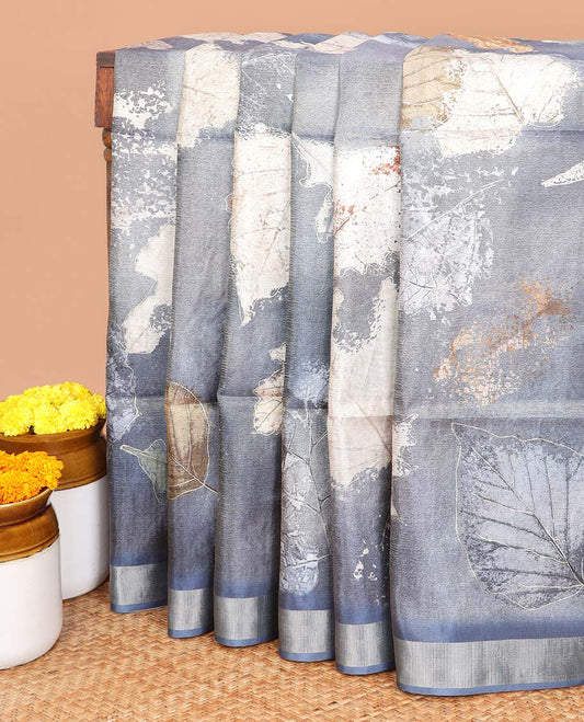 Grey all-over digital print gold foil print crush tissue saree contrast gold zari border & crush pallu along with printed blouse