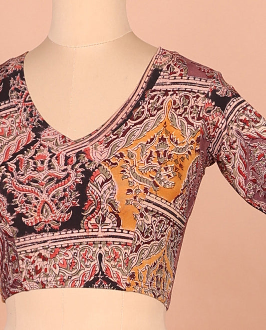 Multi-color intricately printed front and back leaf neck elbow sleeve cotton readymade blouse