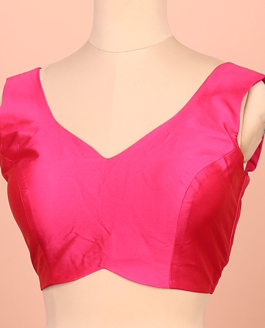 Pink Plain Readymade Blouse Featuring a Front V-Neck, Back Deep V-Neck, and Sleeveless