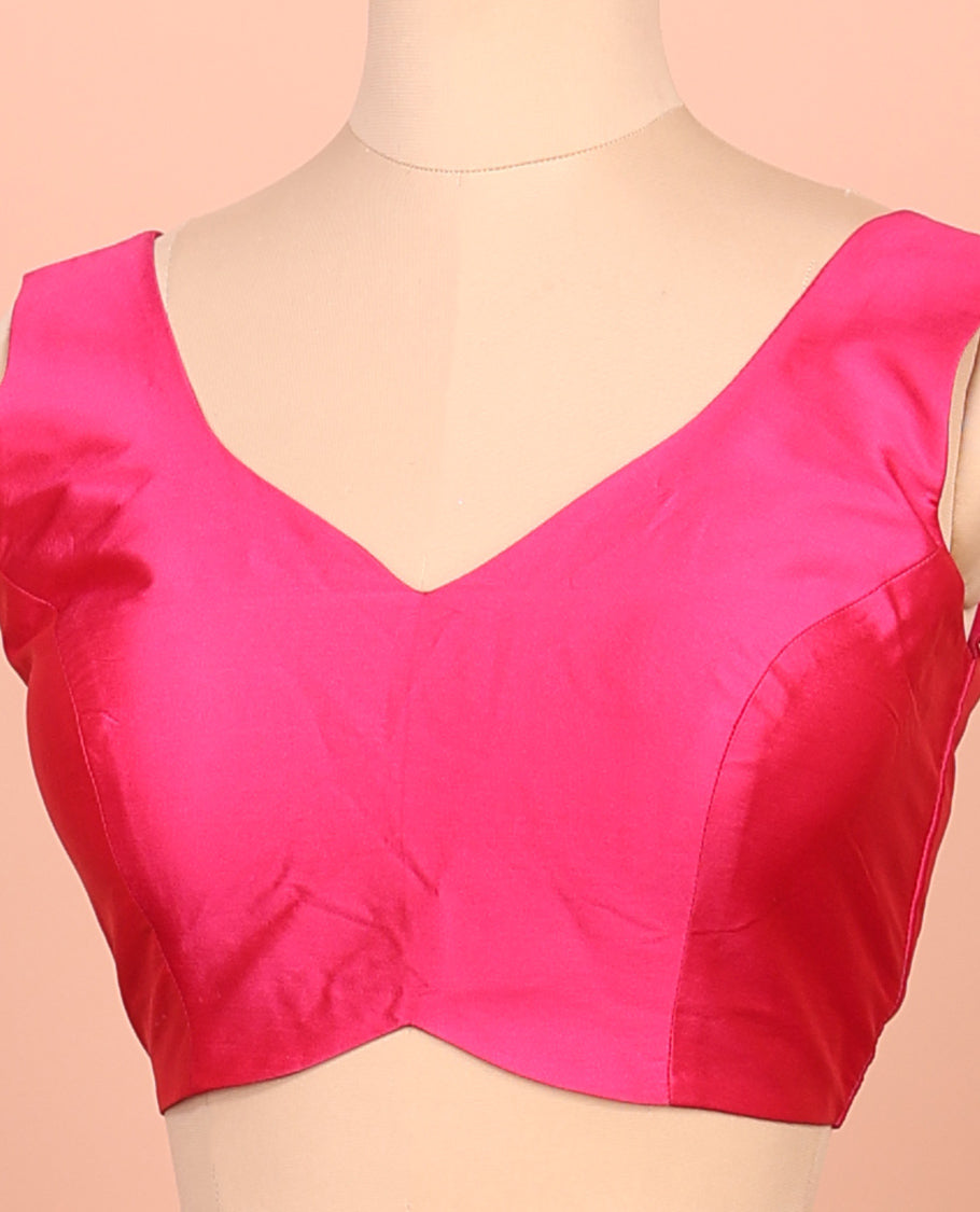 Pink Plain Readymade Blouse Featuring a Front V-Neck, Back Deep V-Neck, and Sleeveless