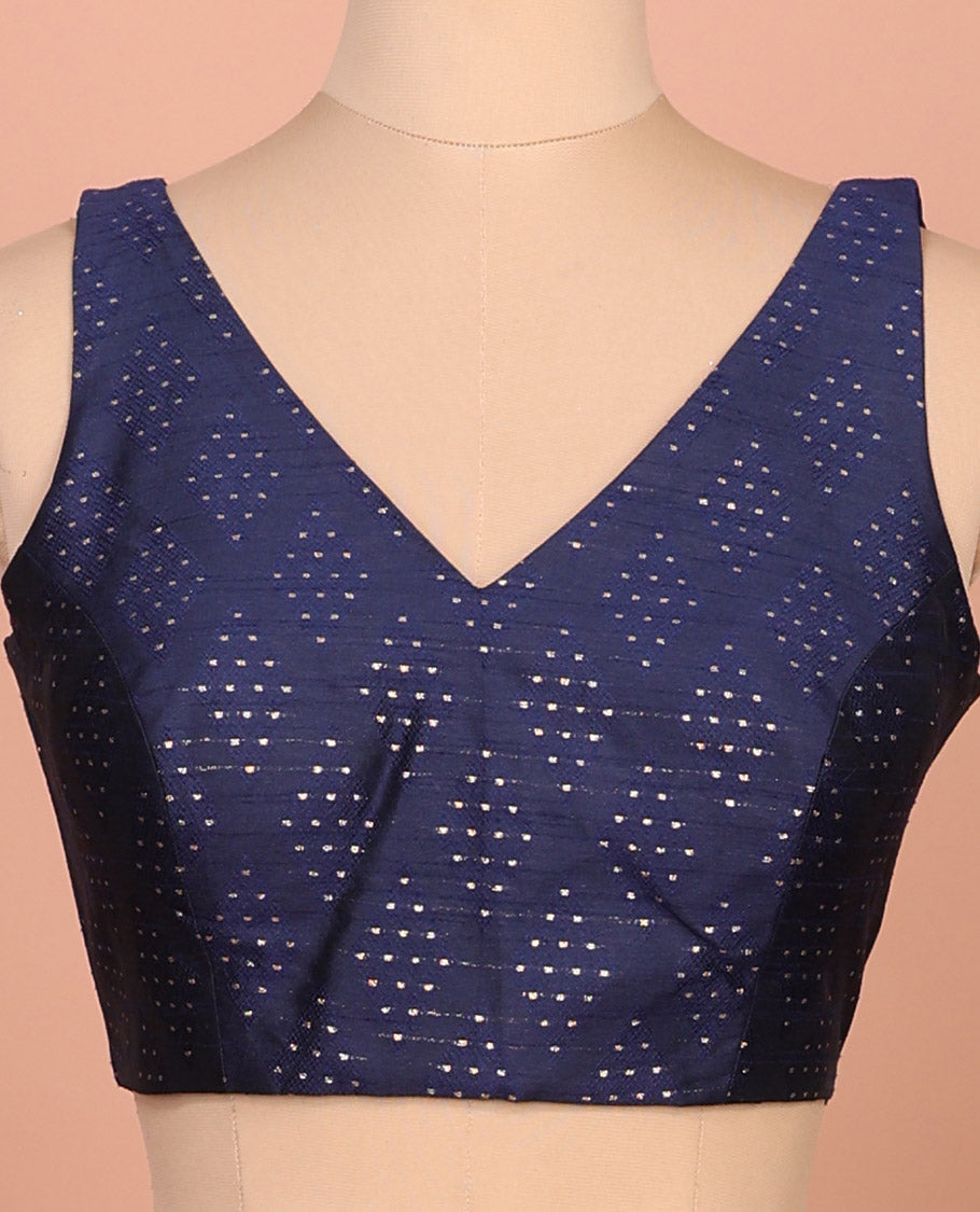 Blue diamond buttas front-back V-neck sleeveless readymade blouse