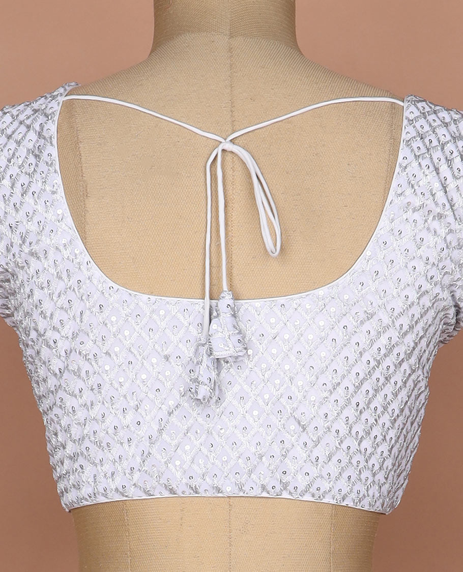 White thread and sequins argyle design embroidered round neck elbow sleeve raw silk readymade blouse