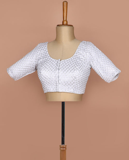 White thread and sequins argyle design embroidered round neck elbow sleeve raw silk readymade blouse