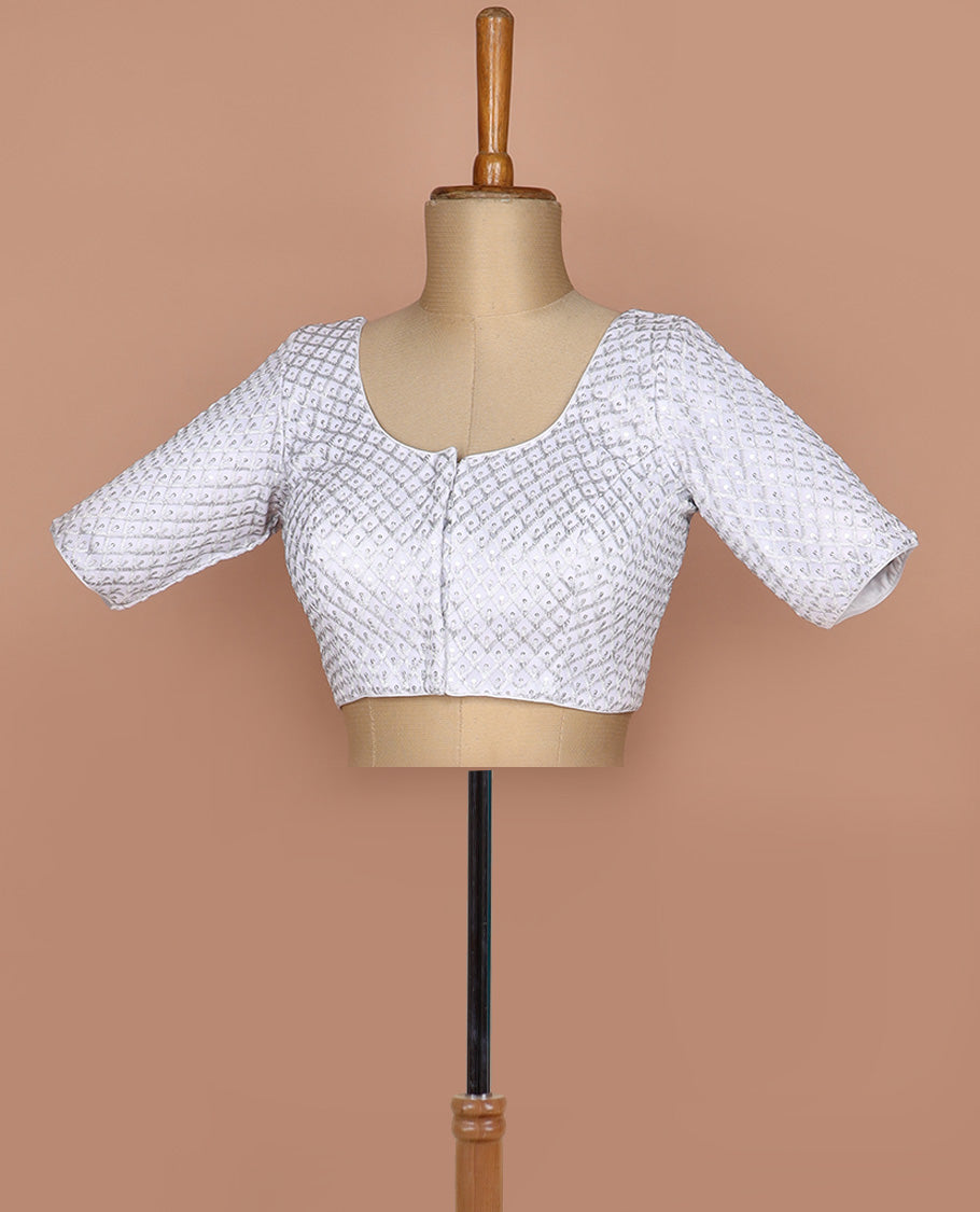 White thread and sequins argyle design embroidered round neck elbow sleeve raw silk readymade blouse