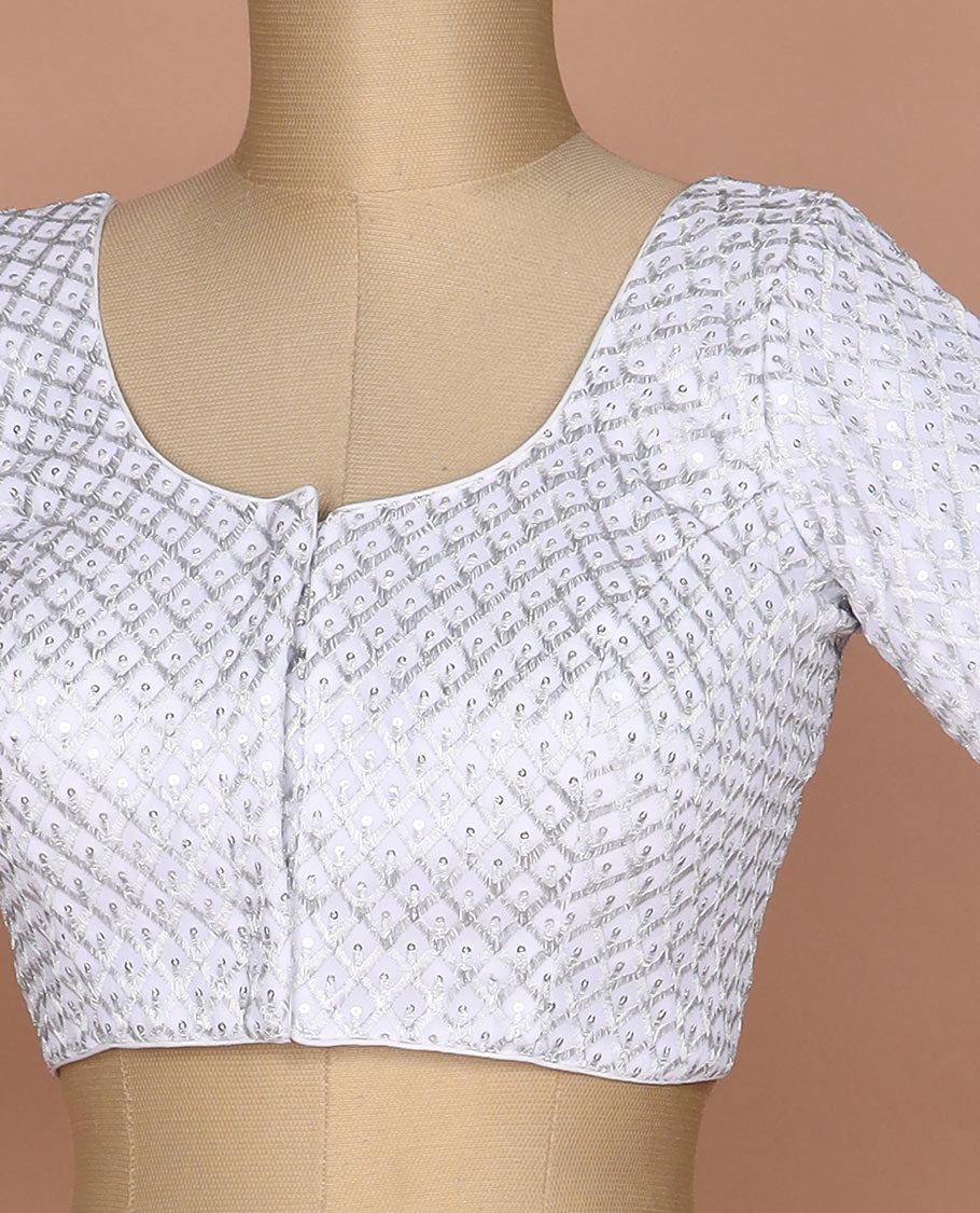 White thread and sequins argyle design embroidered round neck elbow sleeve raw silk readymade blouse