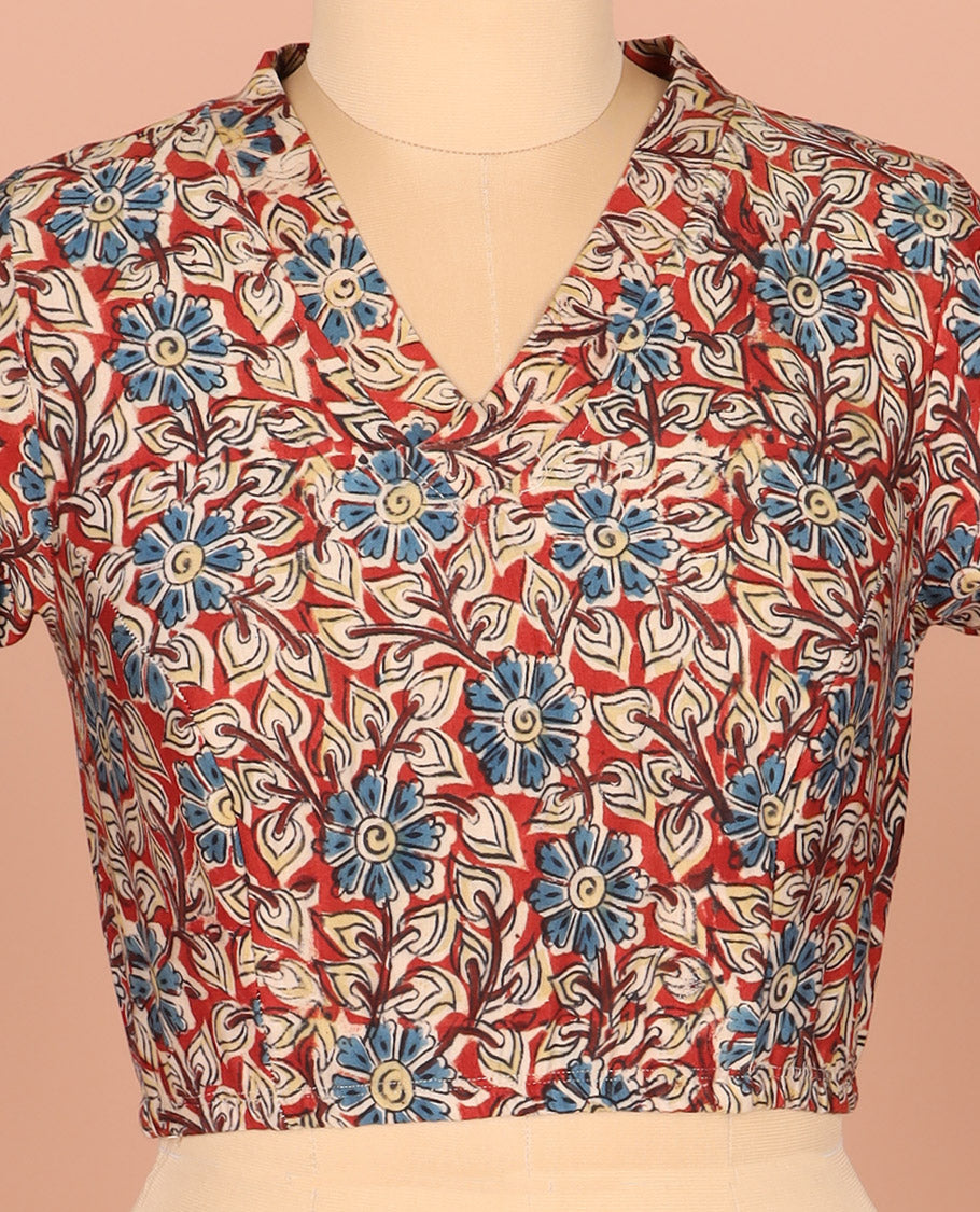 Red Readymade Blouse Gracefully Printed with Floral Motifs, Featuring a Front V-Neck, a Back Closed Neck, and Full Sleeves