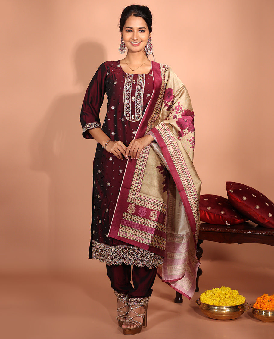 Maroon Vichitra Silk Readymade Suit