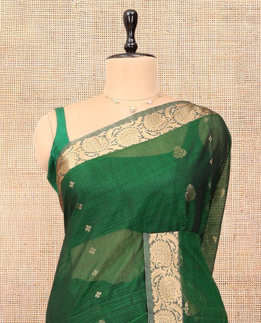 Green Silk Cotton Saree, Woven with Zari Buttas, a Contrast Floral Creeper Border, Grand Pallu, and a Contrast Blouse
