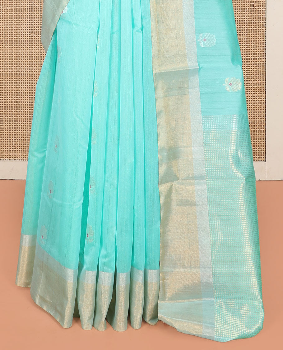 Blue Silk Cotton Saree, Artfully Detailed with Floral Meena Buttas, a Gleaming Bavanji Border, Pallu of Micro-Checks, and a Contrast Blouse
