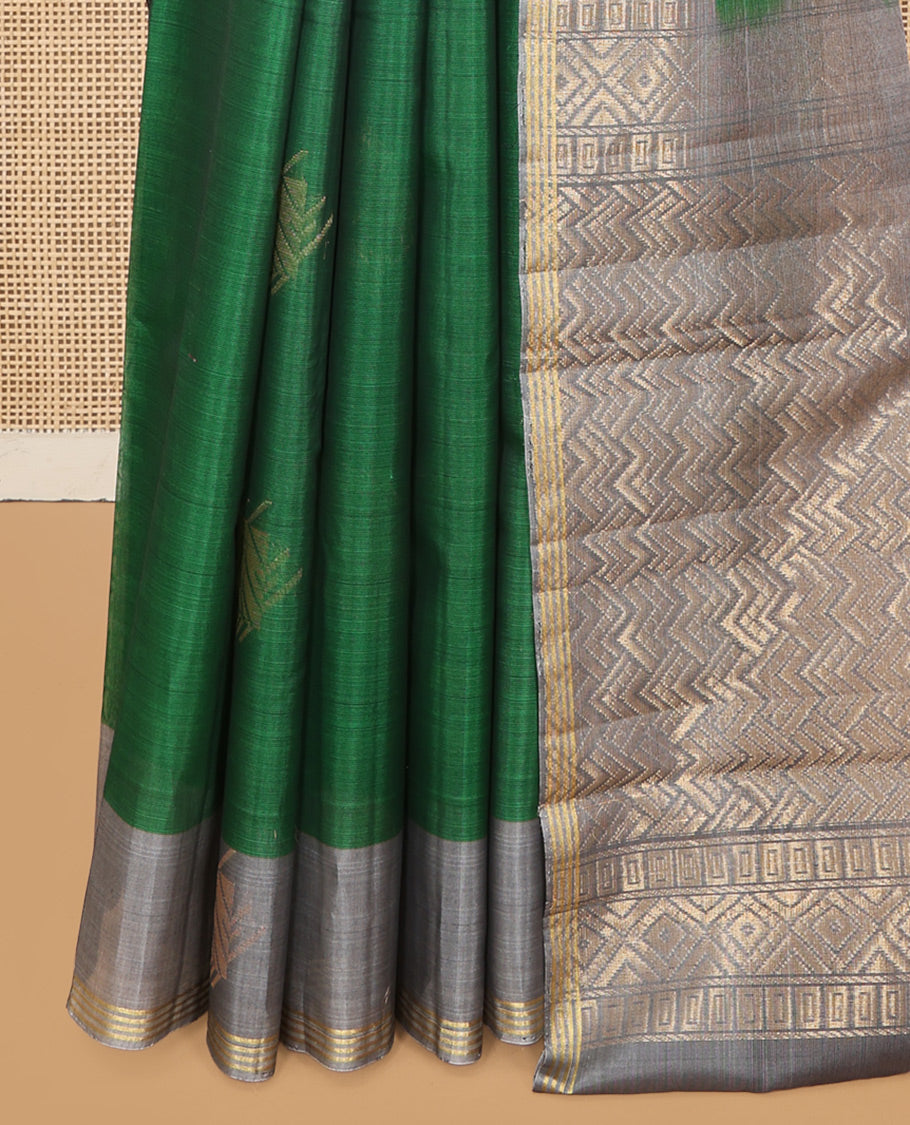 Green Cotton Saree, Enhanced with a Zari Buttas, Complemented by One-Side Zari Motif Border, a Contrast Chevron Pallu, and a Contrast Blouse