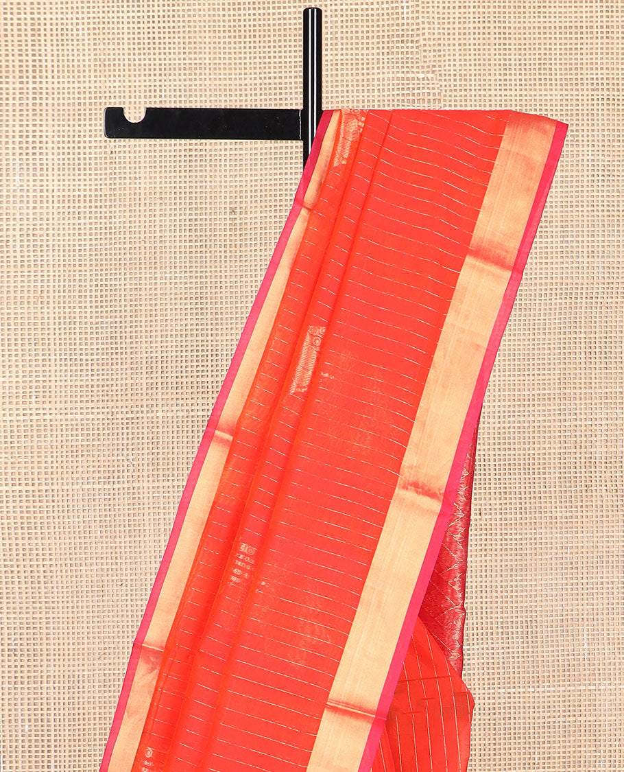 Orange striped, floral motifs silk cotton saree with contrast zari border & checked floral design pallu