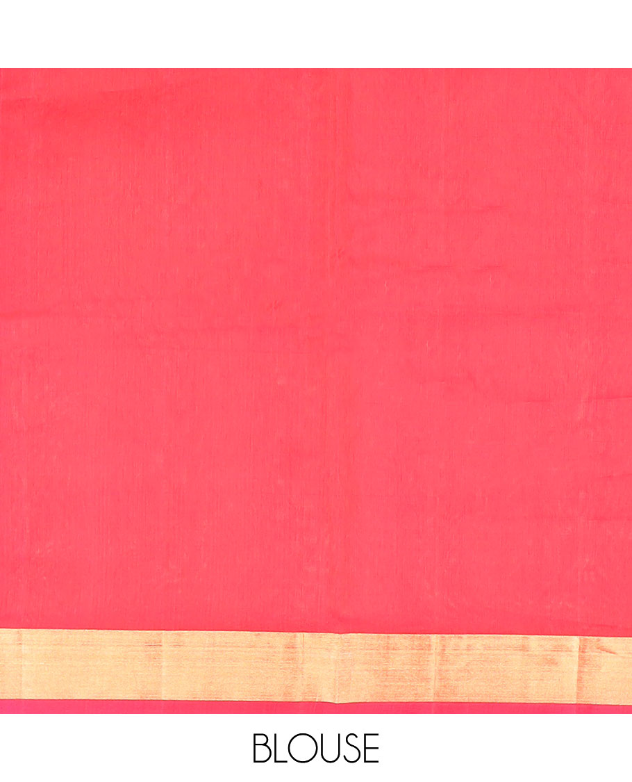 Orange striped, floral motifs silk cotton saree with contrast zari border & checked floral design pallu