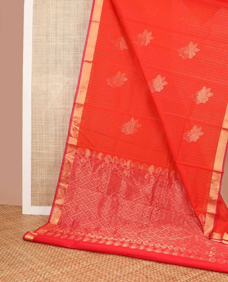Orange striped, floral motifs silk cotton saree with contrast zari border & checked floral design pallu