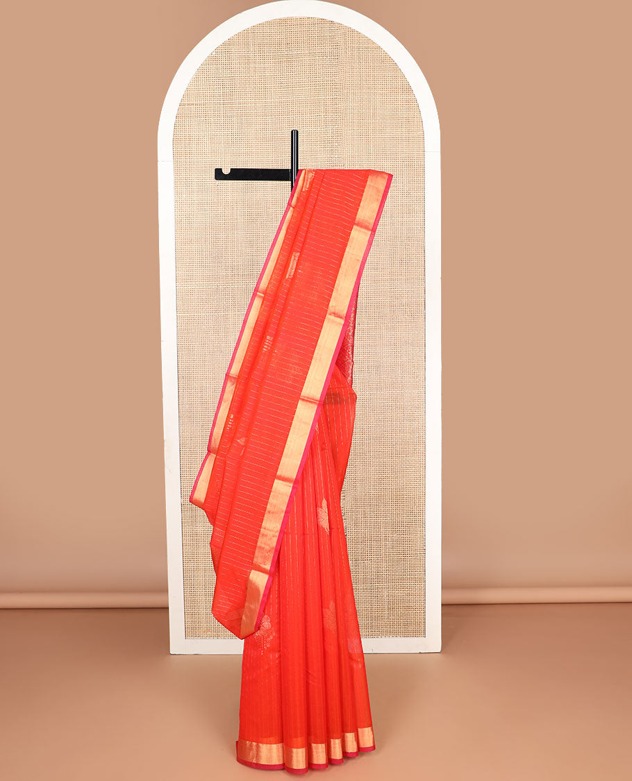 Orange striped, floral motifs silk cotton saree with contrast zari border & checked floral design pallu