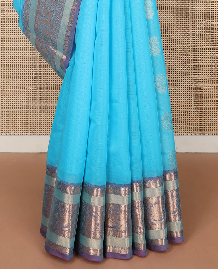 Sky blue motifs silk cotton saree with contrast zari design border & paisley design pallu