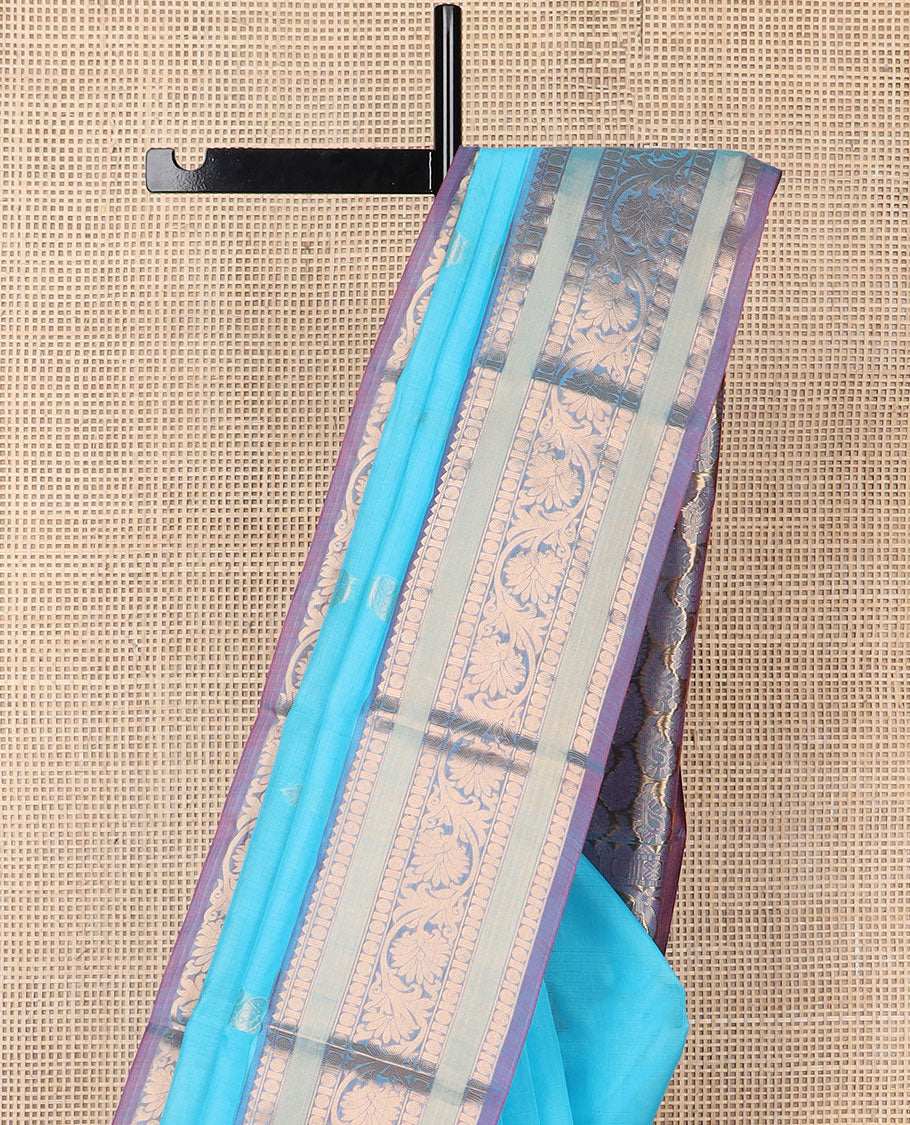 Sky blue motifs silk cotton saree with contrast zari design border & paisley design pallu