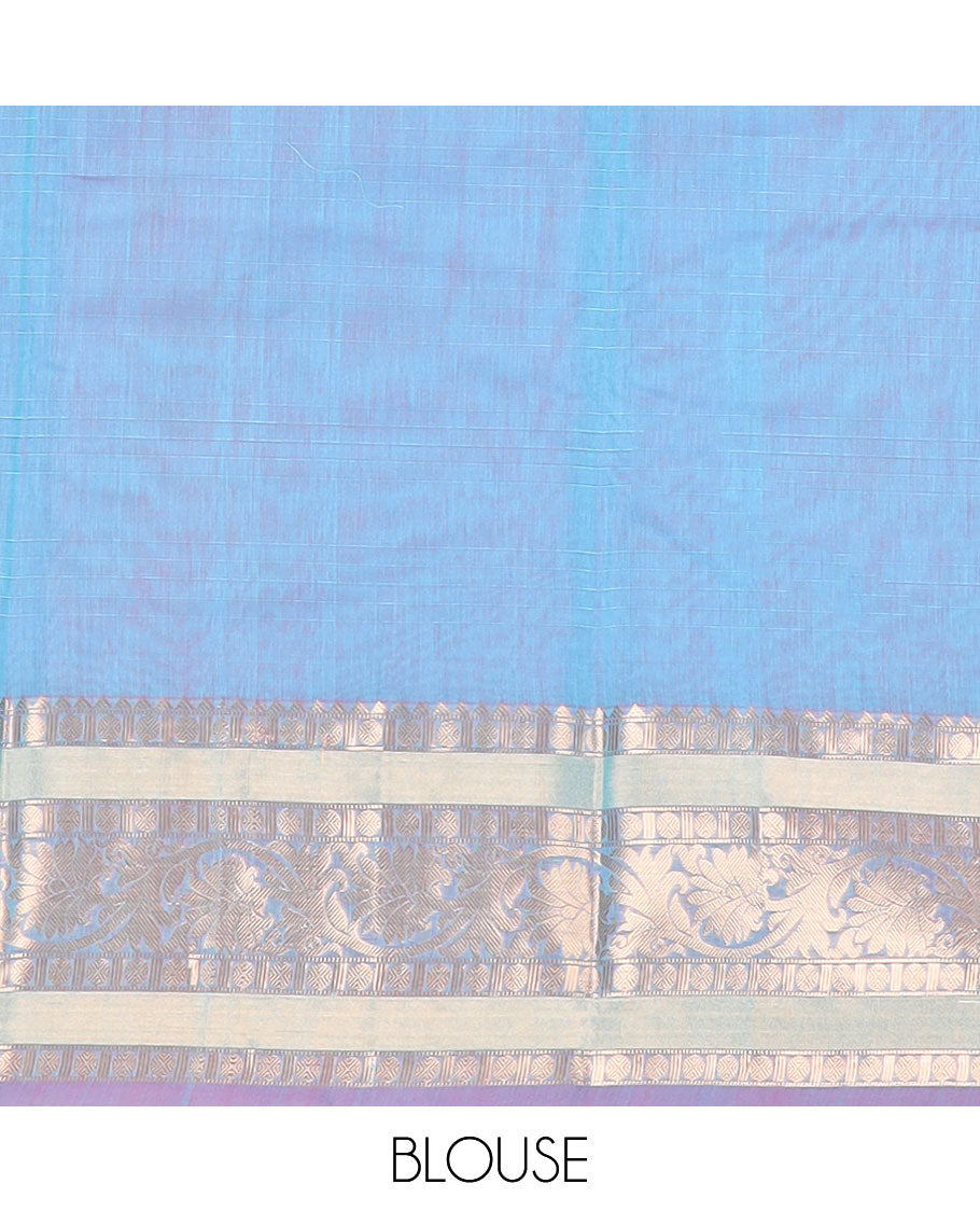 Sky blue motifs silk cotton saree with contrast zari design border & paisley design pallu