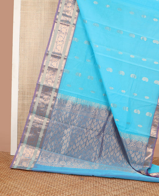 Sky blue motifs silk cotton saree with contrast zari design border & paisley design pallu