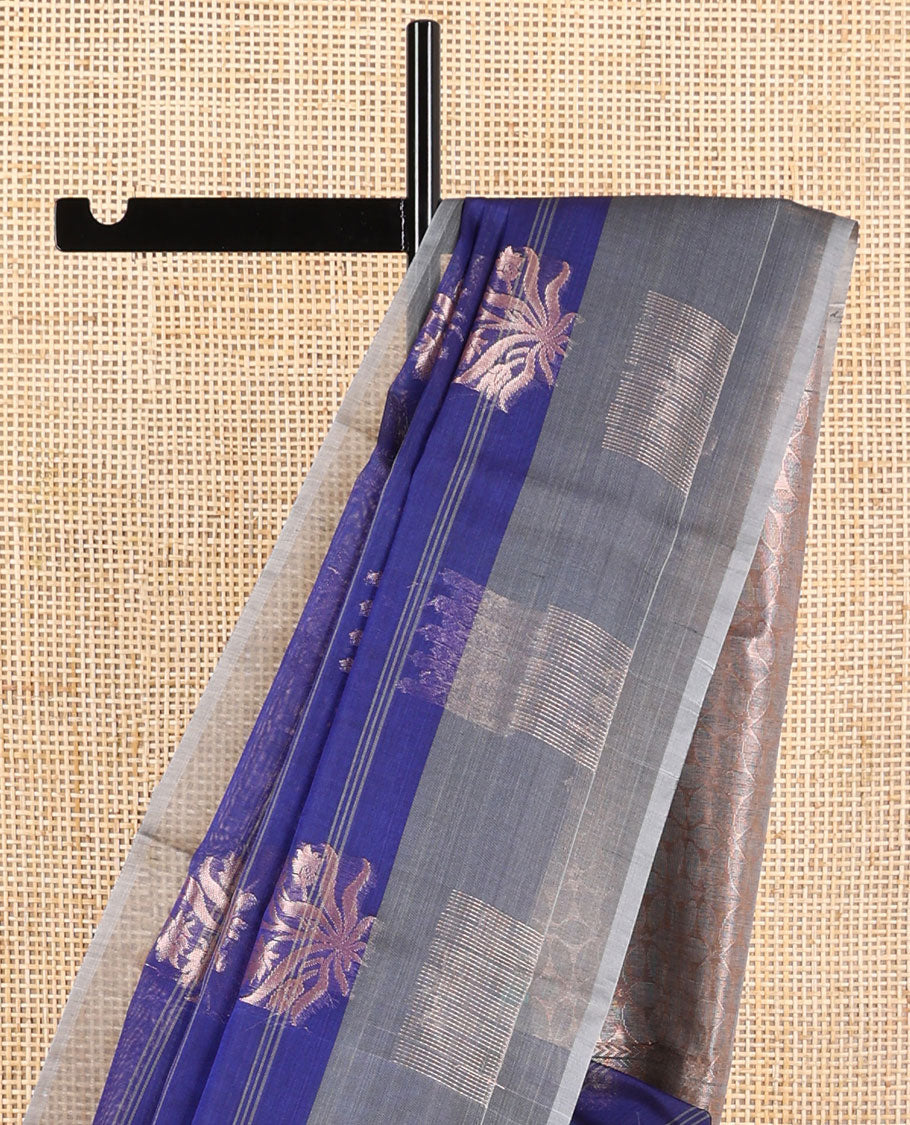 Blue striped, floral design silk cotton saree with contrast geometric design border & floral jaal design pallu