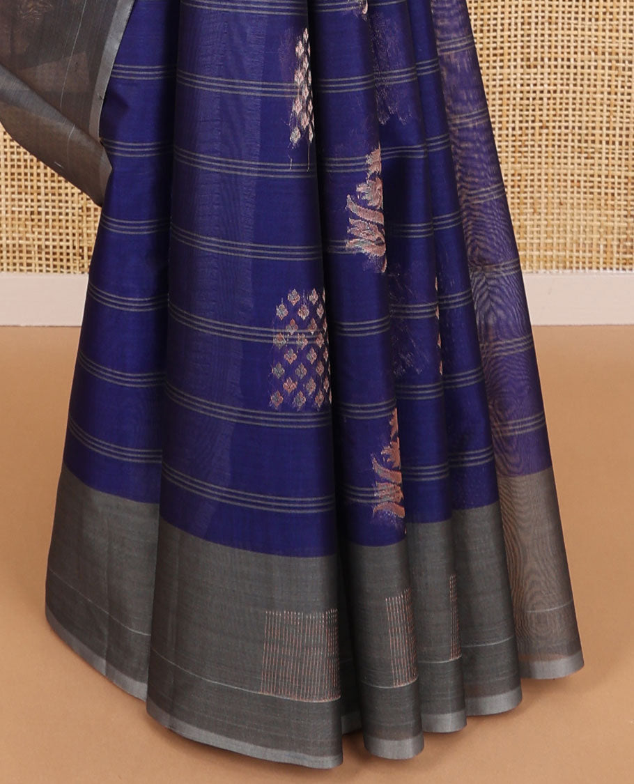 Blue striped, floral design silk cotton saree with contrast geometric design border & floral jaal design pallu