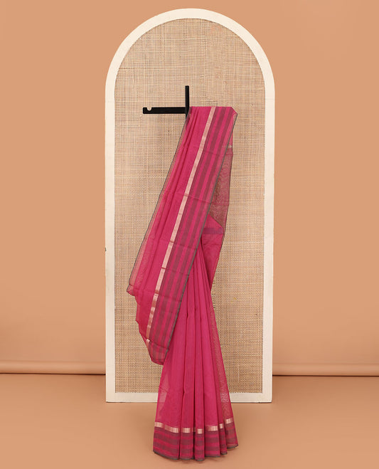 Red plain silk cotton saree, zari striped border, and plain pallu