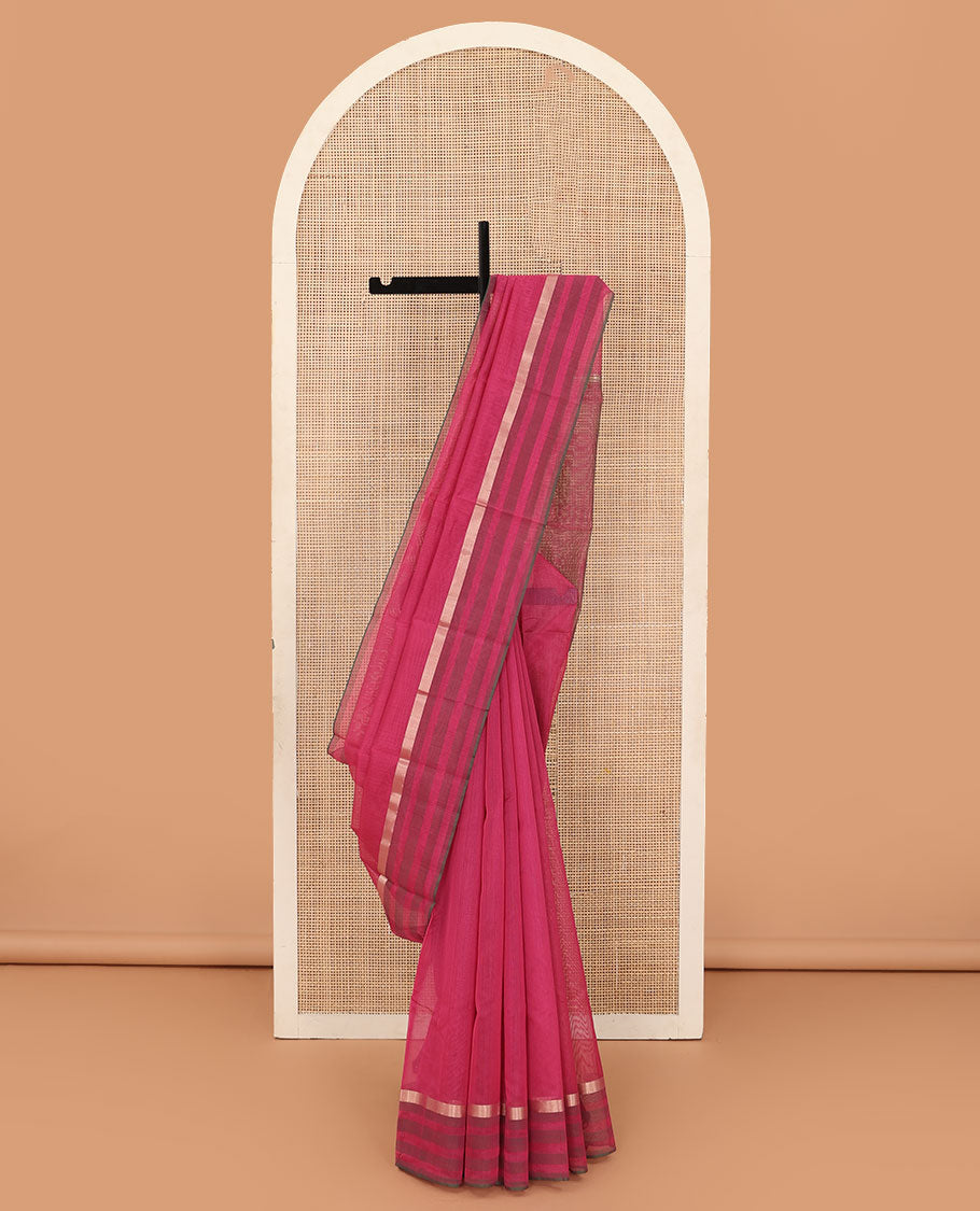 Red plain silk cotton saree, zari striped border, and plain pallu