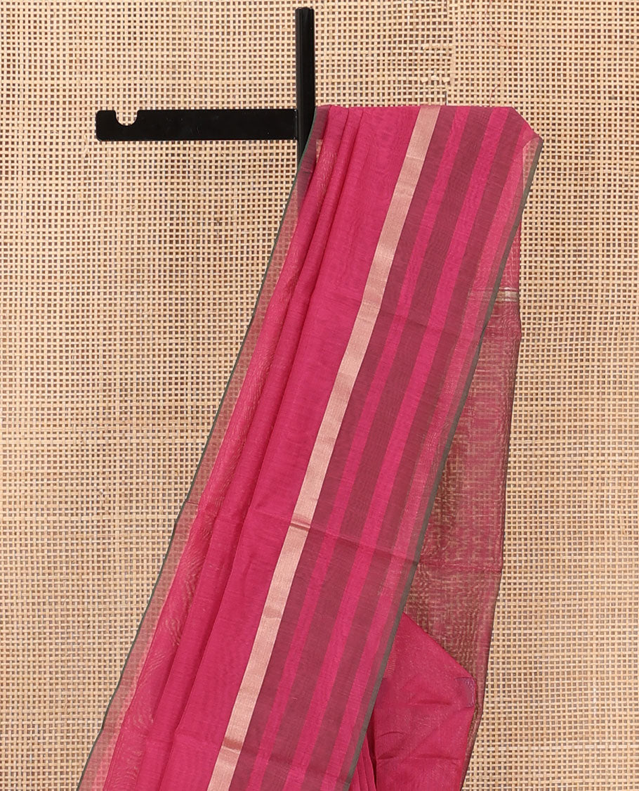 Red plain silk cotton saree, zari striped border, and plain pallu