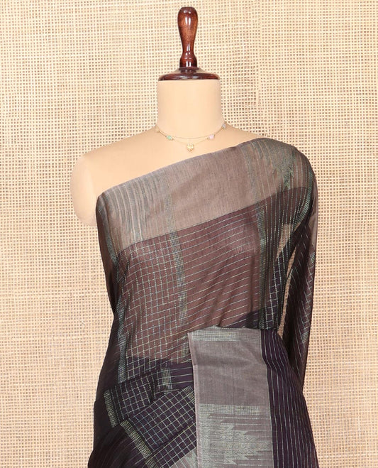 Black Silk Cotton Saree, Bedecked with Stripes and Checks, Complemented by a Contrast Temple Border, Intricately Designed Pallu, and a Contrast Blouse
