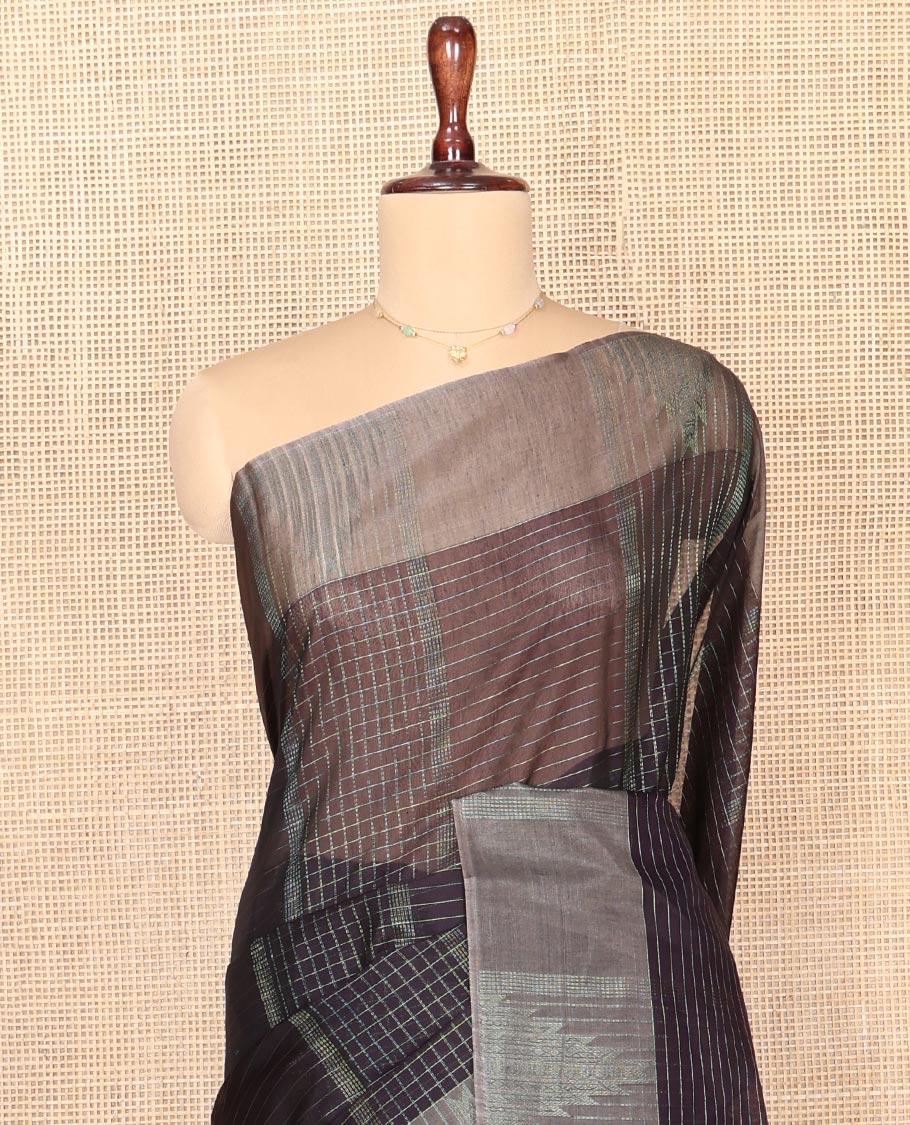 Black Silk Cotton Saree, Bedecked with Stripes and Checks, Complemented by a Contrast Temple Border, Intricately Designed Pallu, and a Contrast Blouse