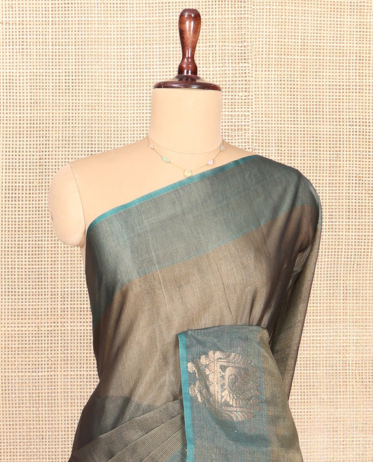 Brown Silk Saree, Subtly Woven with Buttas All Over Its Body,  Complemented by Peacock Charriot Motifs Woven Border, Temple Design Pallu and Paired with a Contrast Blouse