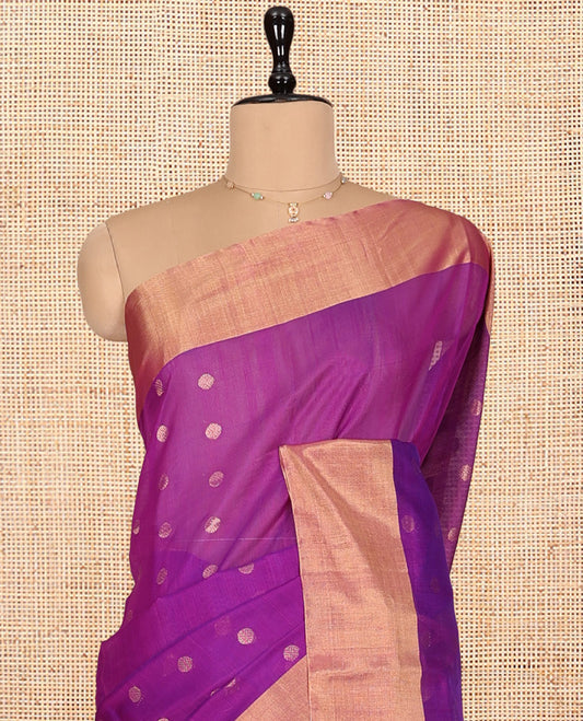 Purple Silk Cotton Saree, Delicately Woven with Zari Buttas, a Zari Border, Zari Striped Pallu, and a Matching Blouse