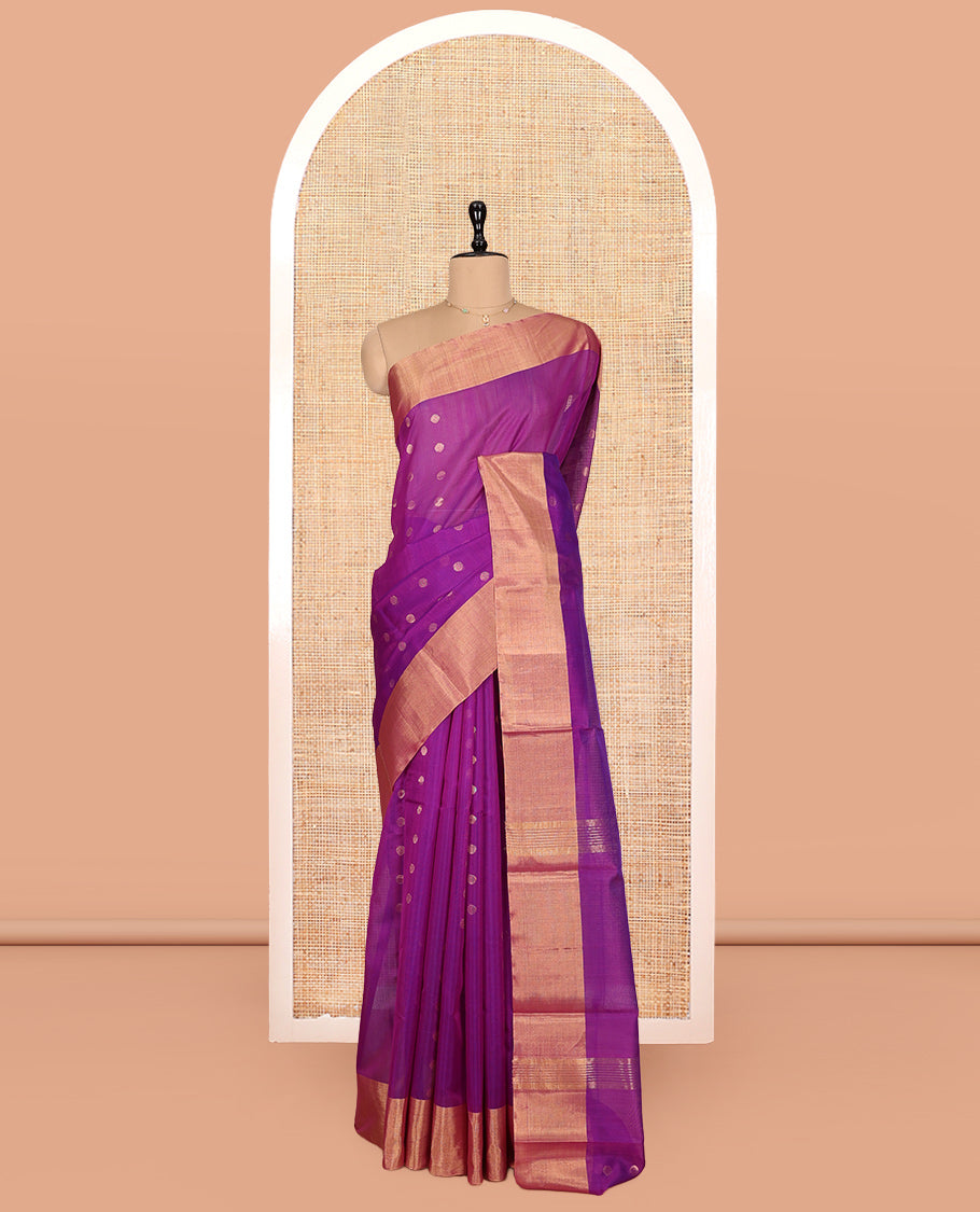 Purple Silk Cotton Saree, Delicately Woven with Zari Buttas, a Zari Border, Zari Striped Pallu, and a Matching Blouse