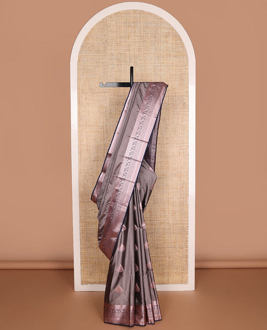 Grey motifs soft silk saree with contrast intricate zari design border & argyle design pallu